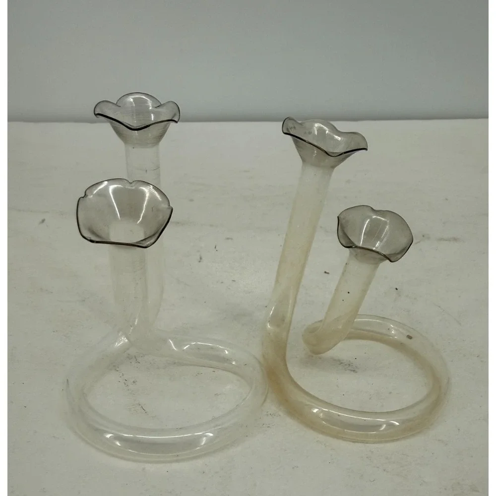 Lot of 2 Vintage Glass Propagation Single & Double Twisted Tube Floral Bud Vases
